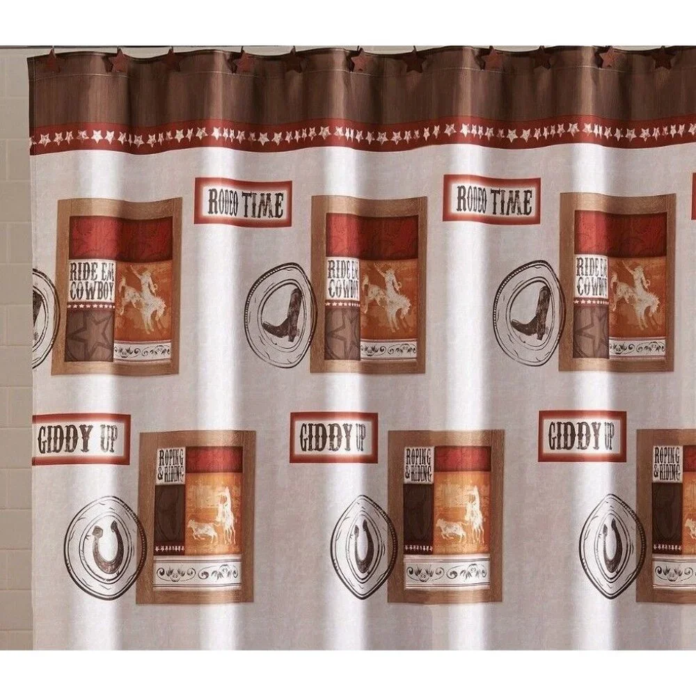 Rodeo Time Shower Curtain Cowboy Riding Boots Horse Country Stars Brown Western